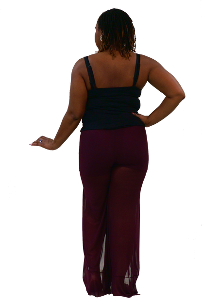 Wine Mesh Pants With Ruffle
