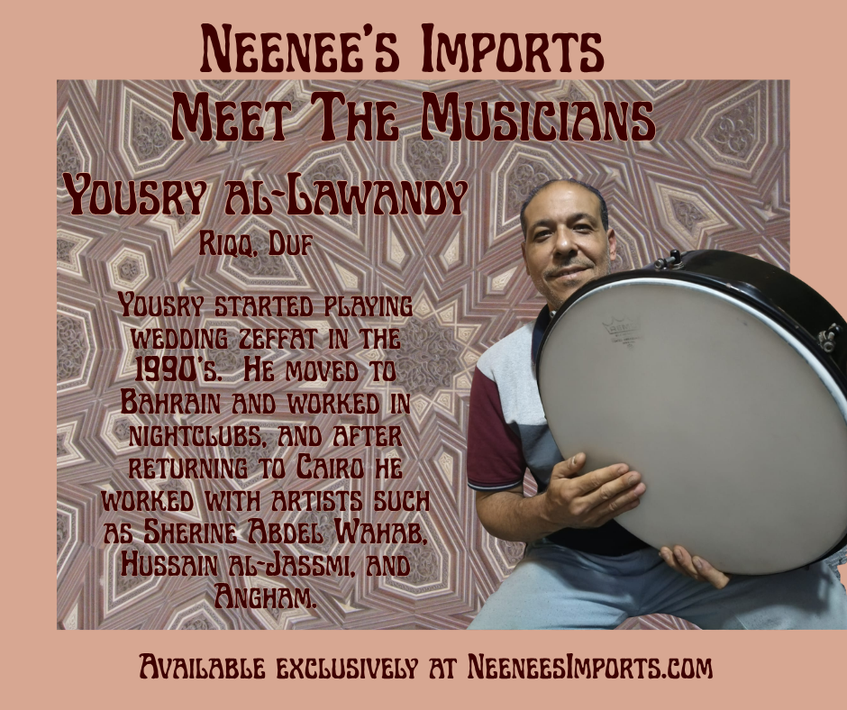 Promotional graphic for 'Neenee's Imports Meet The Musicians' featuring Yousry al-Lawandy playing a large drum. The graphic includes biographical text about Yousry and his musical journey, set against a patterned background with a peach border.