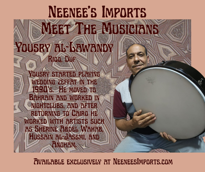 Promotional graphic for 'Neenee's Imports Meet The Musicians' featuring Yousry al-Lawandy playing a large drum. The graphic includes biographical text about Yousry and his musical journey, set against a patterned background with a peach border.