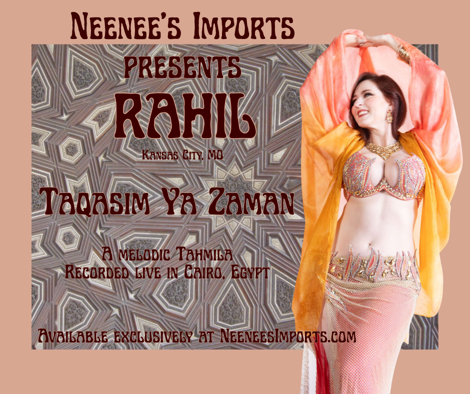 Flyer for Egyptian music release with a belly dancer in a peach costume with a silk veil.