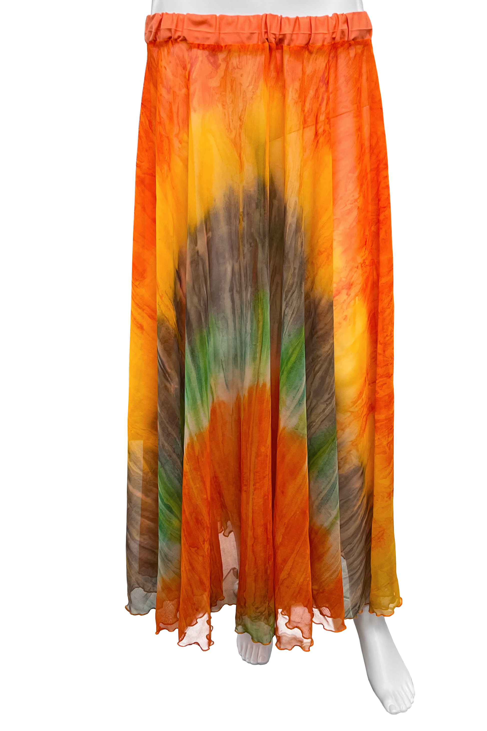 Tie-dye skirt with orange, green, and brown colors on a mannequin against a white background