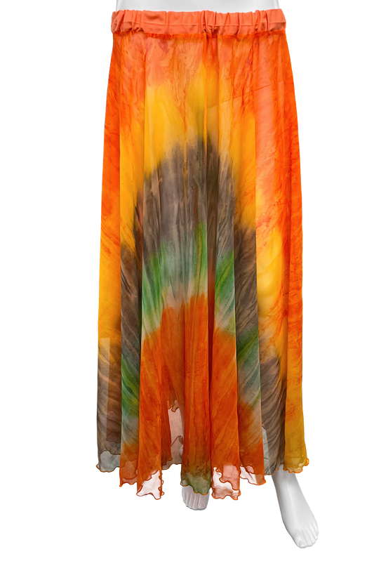 Tie-dye skirt with orange, green, and brown colors on a mannequin against a white background