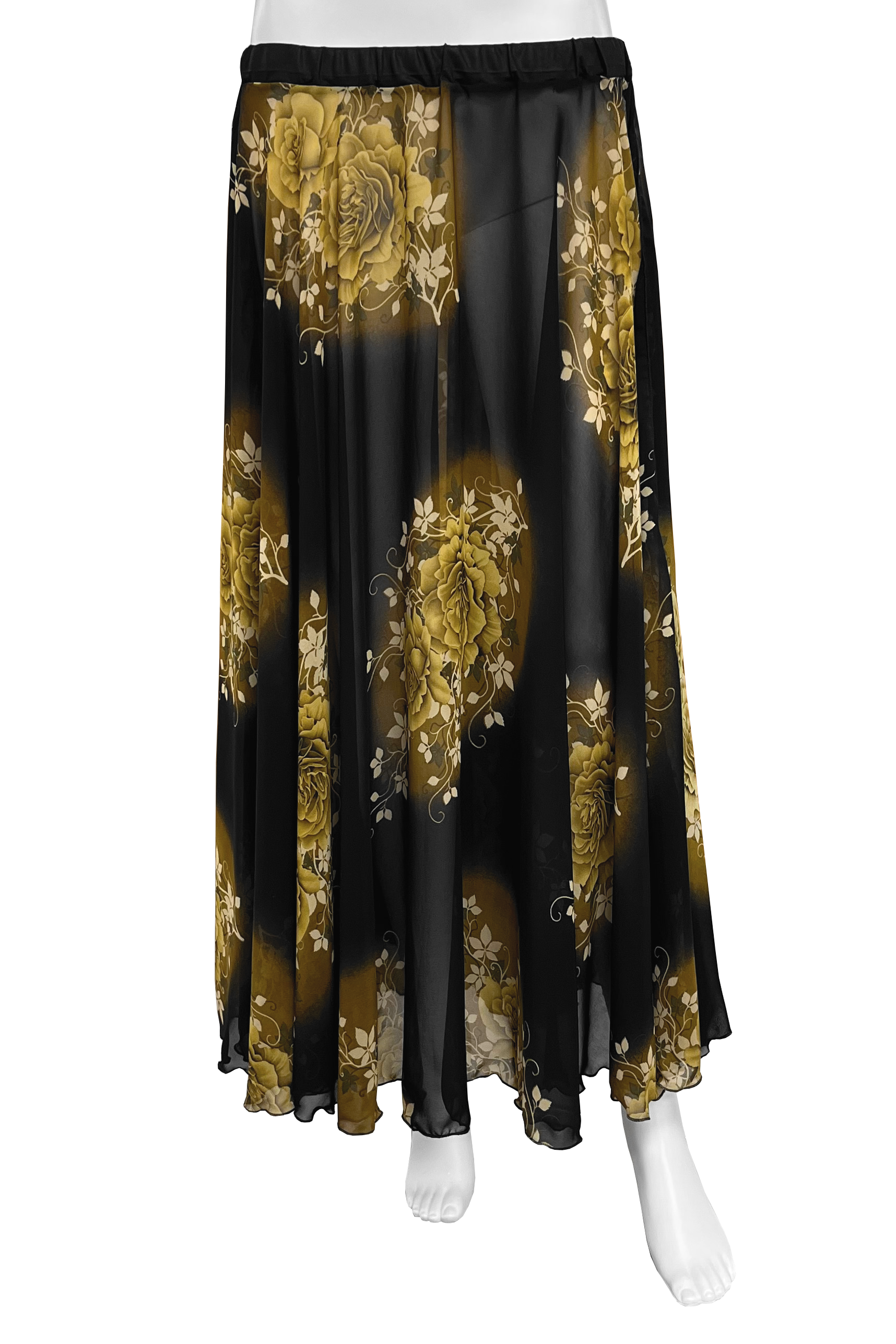 Black skirt with mustard yellow floral vignettes