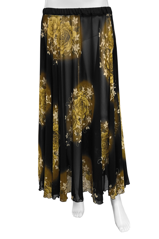 Black skirt with mustard yellow floral vignettes