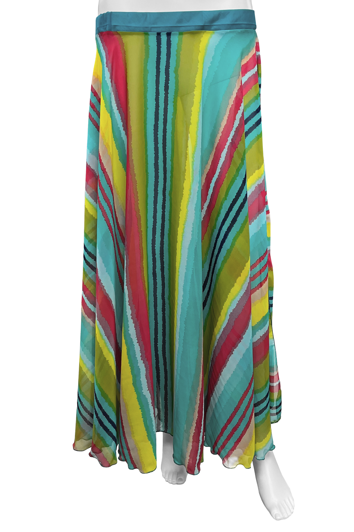 Colorful striped skirt on a mannequin against a white background