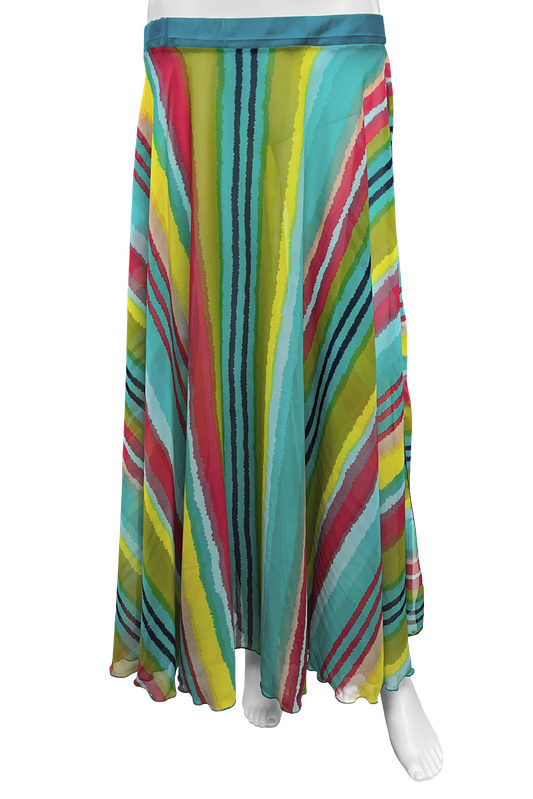 Colorful striped skirt on a mannequin against a white background
