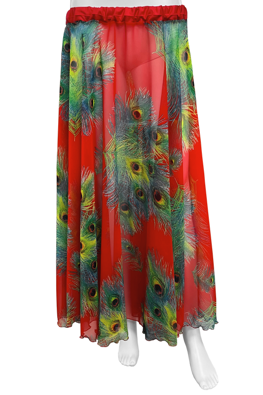 Long red skirt with peacock feathers