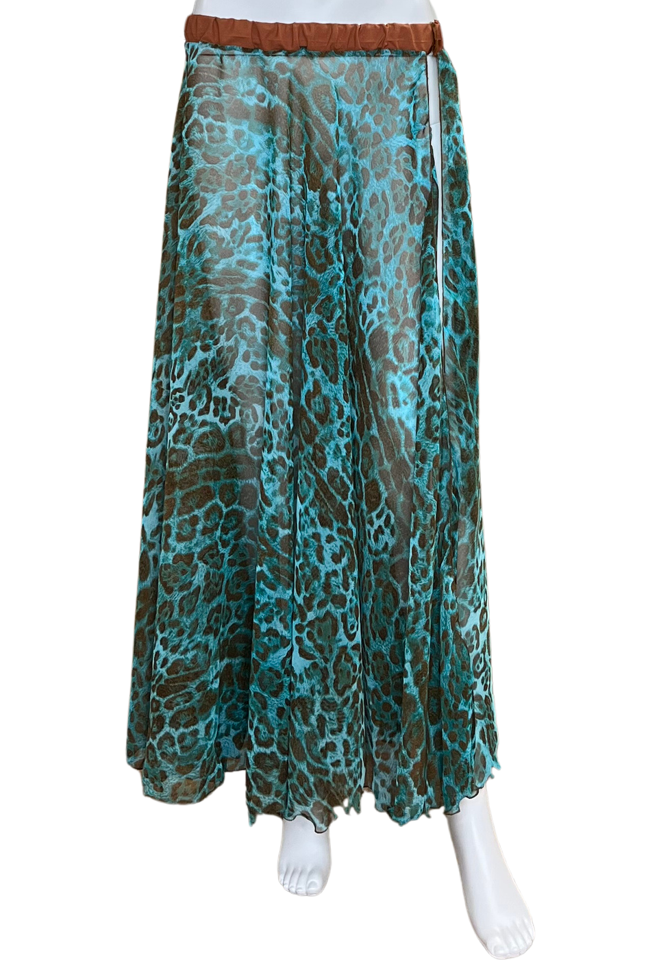 A maxi skirt with a turquoise, brown, and black leopard print pattern, displayed on a white mannequin against a white background.