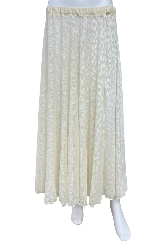 An off-white, textured maxi skirt displayed on a white mannequin against a plain white background.