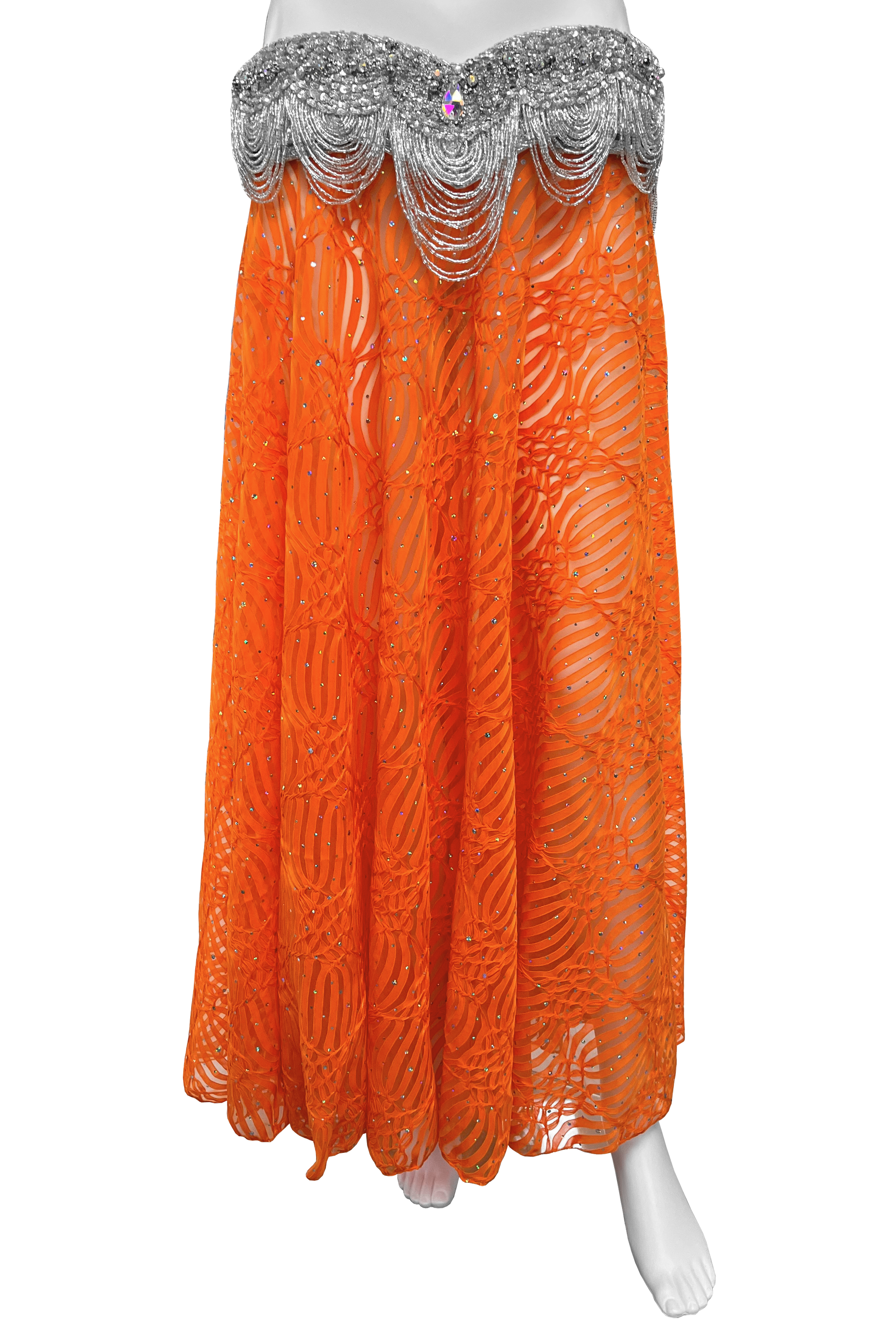 Sheer orange skirt with holographic silver dots.