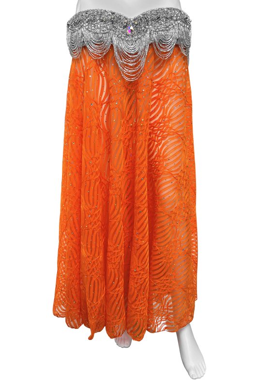 Sheer orange skirt with holographic silver dots.