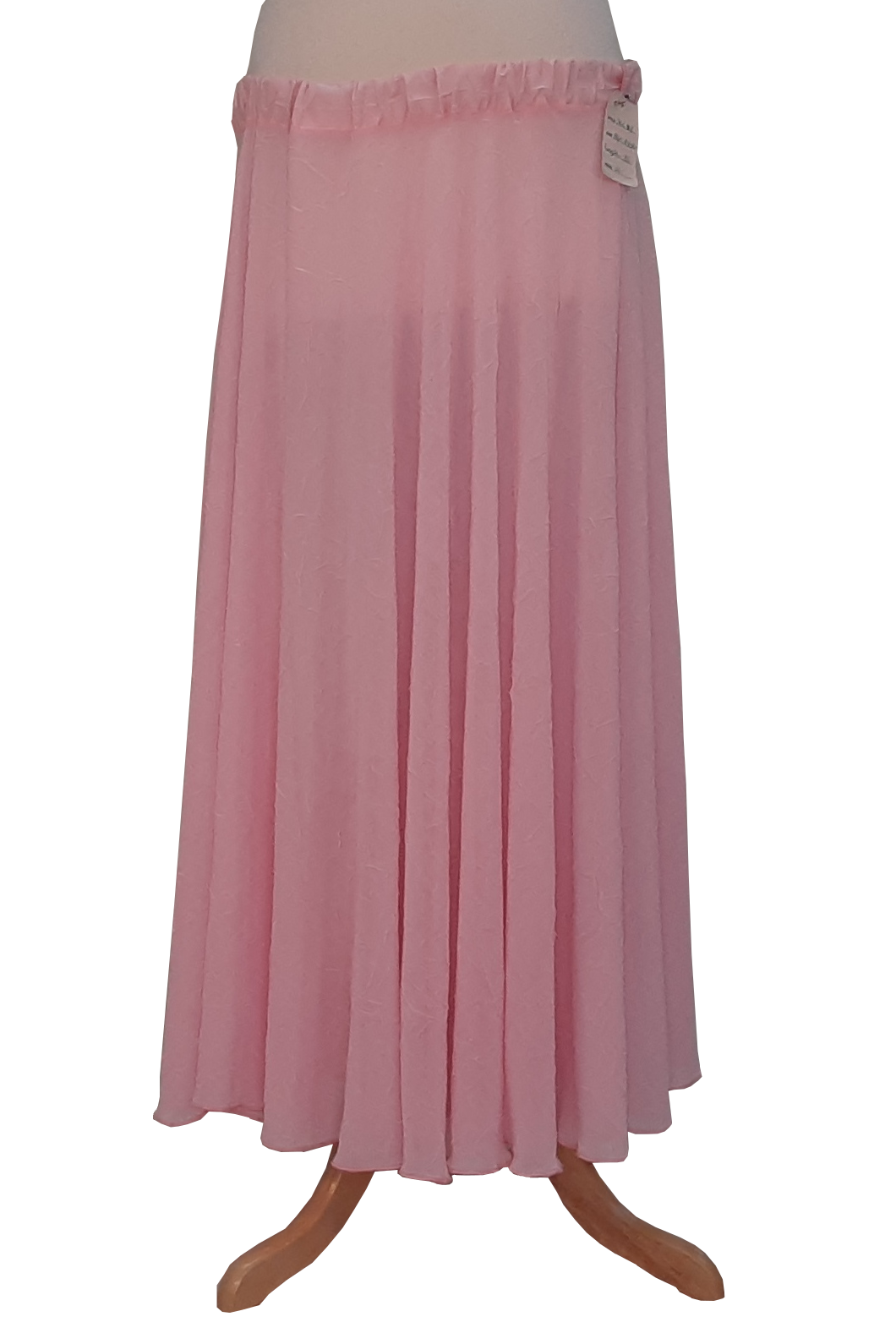 A light pink maxi skirt displayed on a mannequin stand against a plain white background.