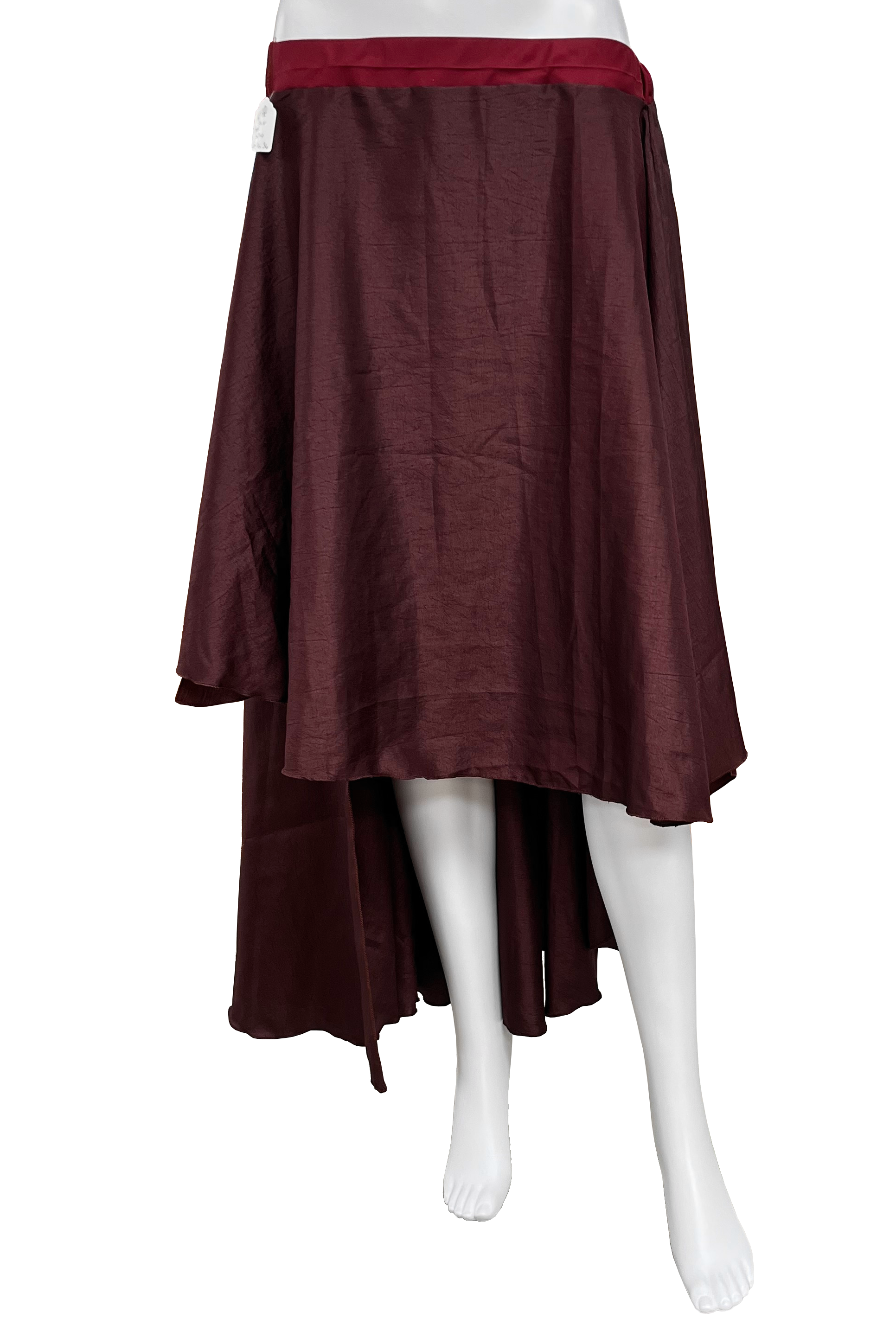 A dark burgundy high-low skirt displayed on a white mannequin against a plain white background.