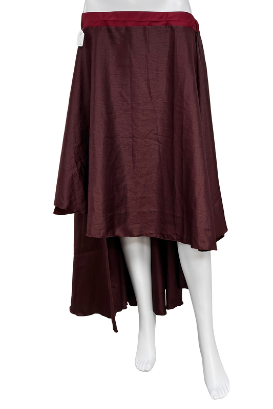 A dark burgundy high-low skirt displayed on a white mannequin against a plain white background.