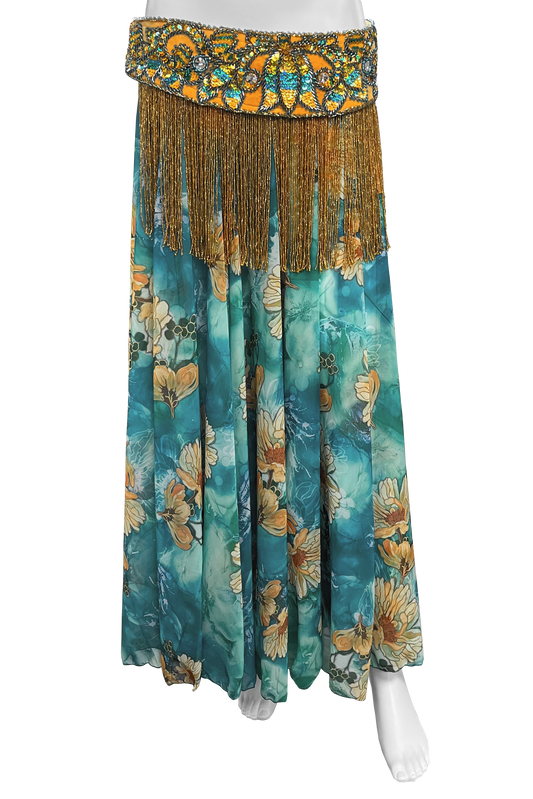 Floral patterned skirt with fringe on a white background