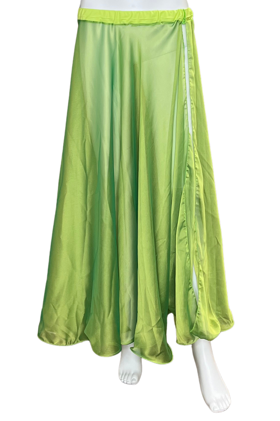 A bright lime green maxi skirt displayed on a white mannequin against a plain white background.