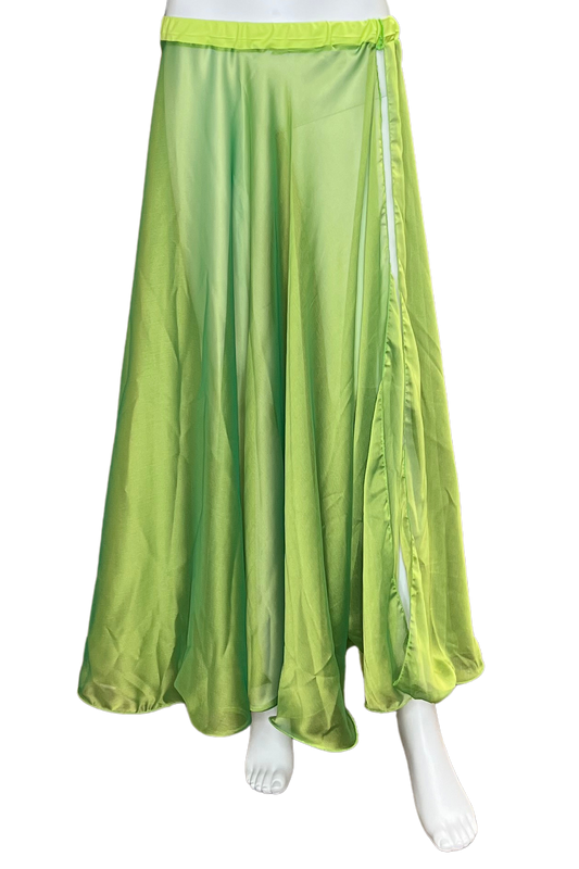 A bright lime green maxi skirt displayed on a white mannequin against a plain white background.