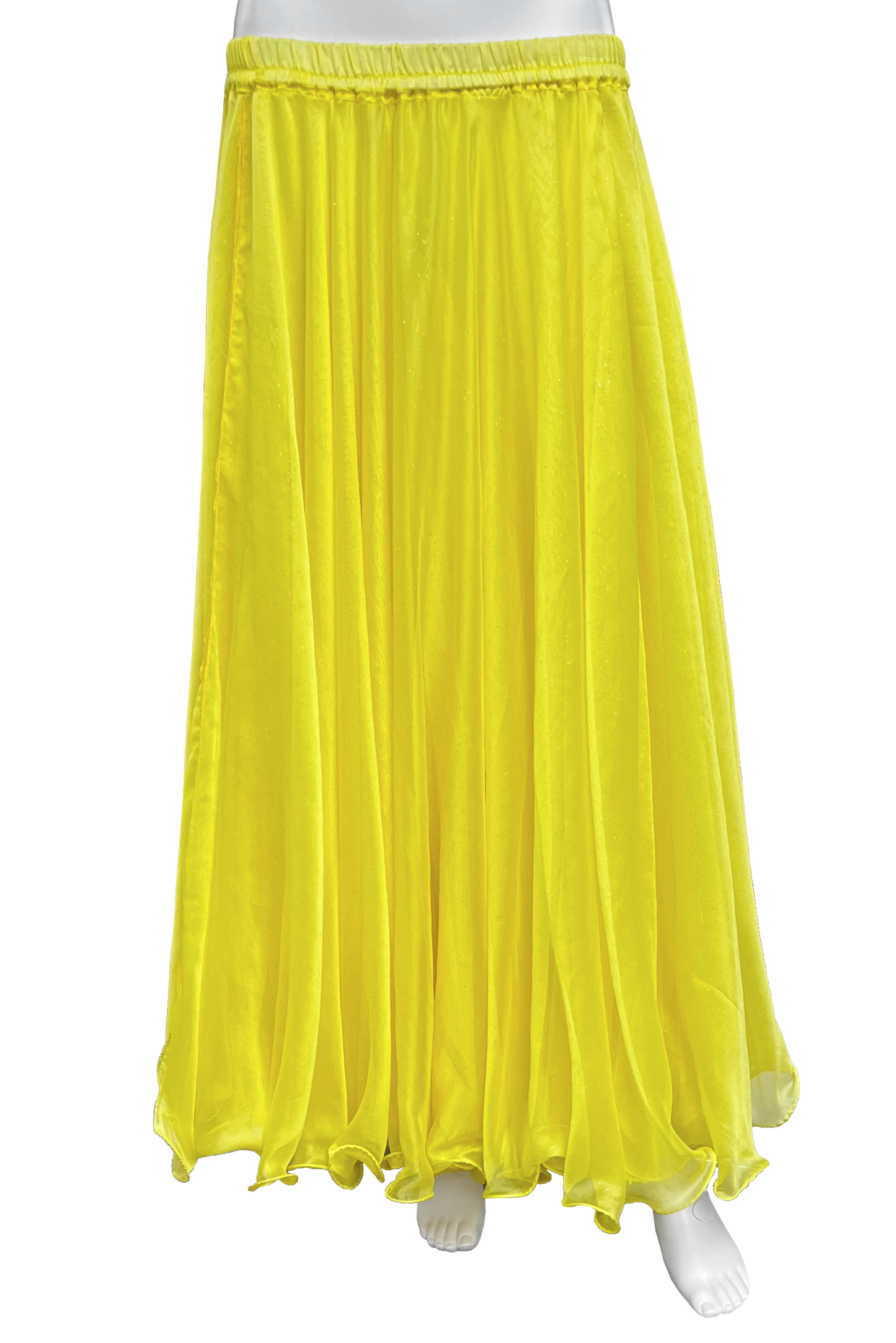 A bright yellow maxi skirt displayed on a white mannequin against a plain white background.