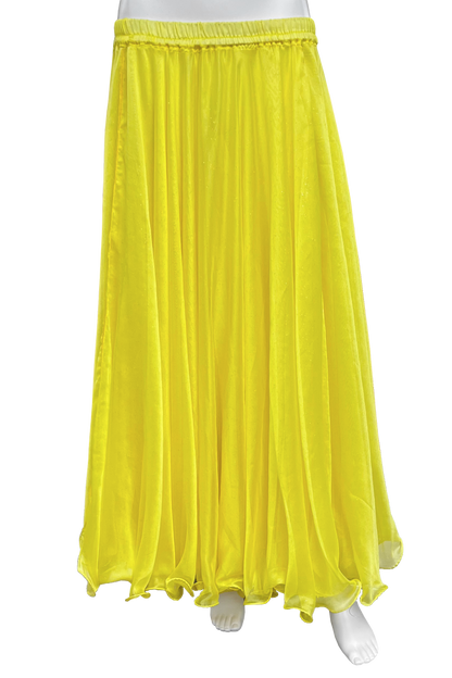 A bright yellow maxi skirt displayed on a white mannequin against a plain white background.