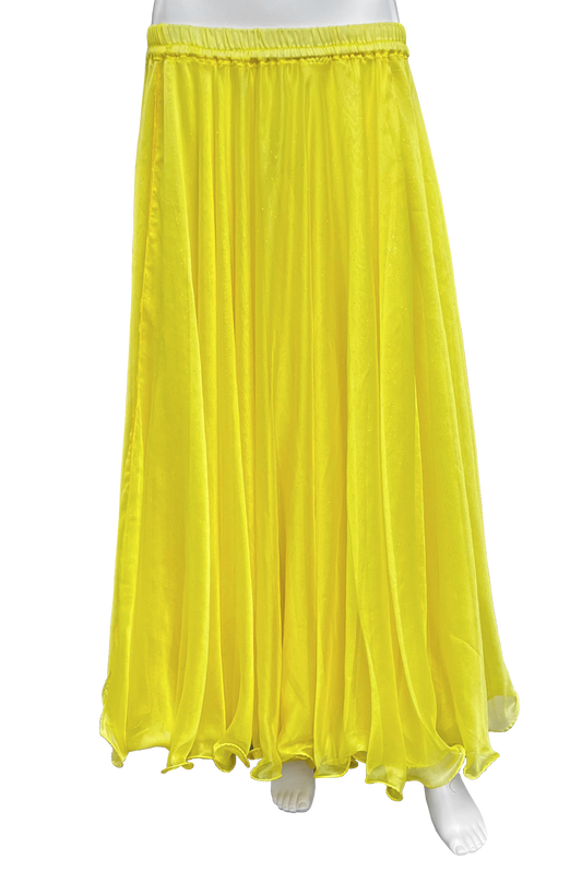 A bright yellow maxi skirt displayed on a white mannequin against a plain white background.
